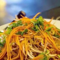 Pad Thai · Stir fried thin rice noodles, house pad Thai sauce, and egg topped with carrots, bean sprout...