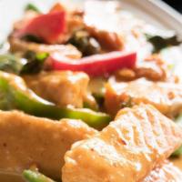 Pad Cha' Pla Swai · Fresh water white fish crusted and stir fried with carrots, bell pepper, chili, krachai, and...
