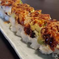 Atomic · Cucumber, spicy crab meat, jalapeño, topped with unagi, avocado, baked with mozzarella.