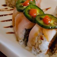 Hot Night · Cucumber, spicy tuna, unagi, topped with yellowtail and sliced jalapeños. This item may be s...