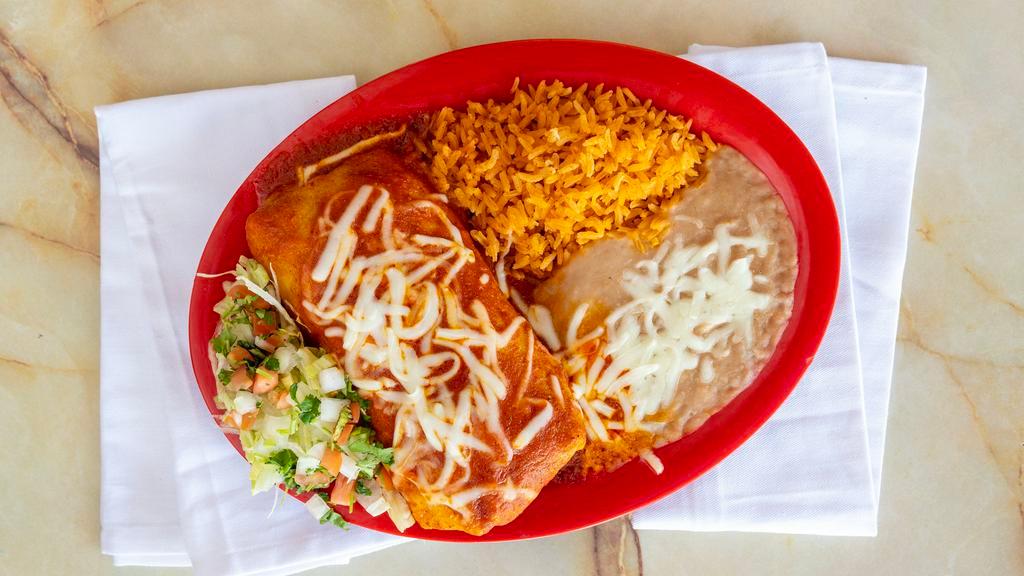 Enchilada Style Burrito Combo · One enchilada style burrito with beans, cheese, and your choice of meat. Served alongside rice and beans.