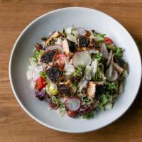 Lpe Greens With Blackened Chicken · Blackened chicken, fresh greens, tomato, quinoa, pickled red grapes and smoked cheddar with ...