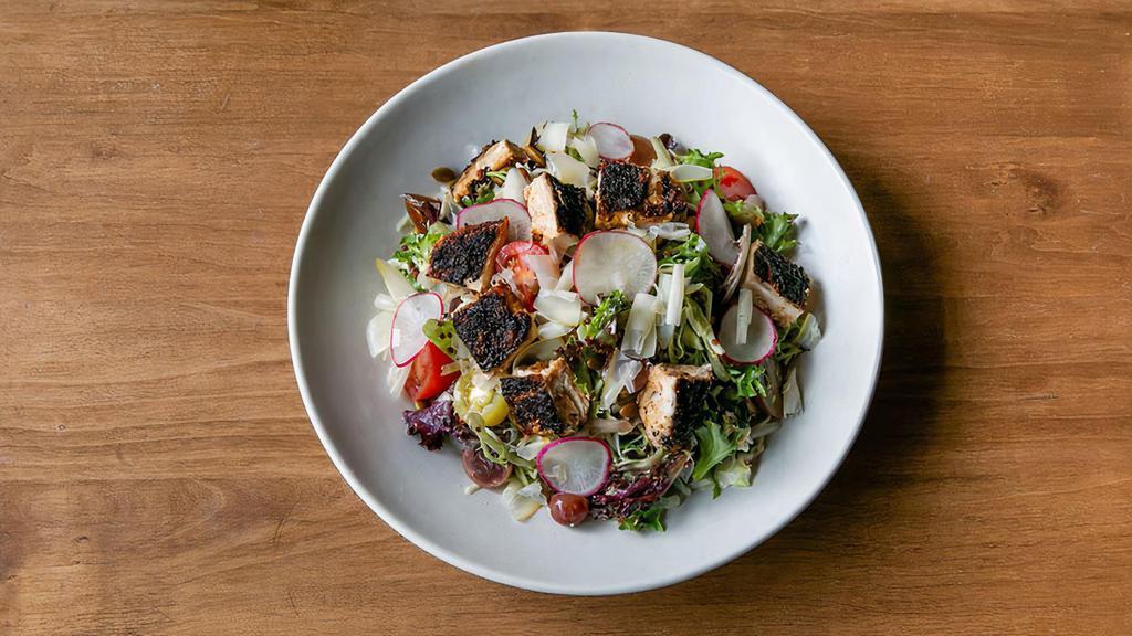 Lpe Greens With Blackened Chicken · Blackened chicken, fresh greens, tomato, quinoa, pickled red grapes and smoked cheddar with dijon and honey vinaigrette