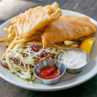 Fish & Chips (2 Piece) · Sustainably-sourced cod lightly dipped in beer-batter, house-made dill tartar sauce, fries &...