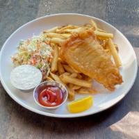 Fish & Chips (1 Piece) · Sustainably-sourced cod lightly dipped in beer-batter, house-made dill tartar sauce, fries &...