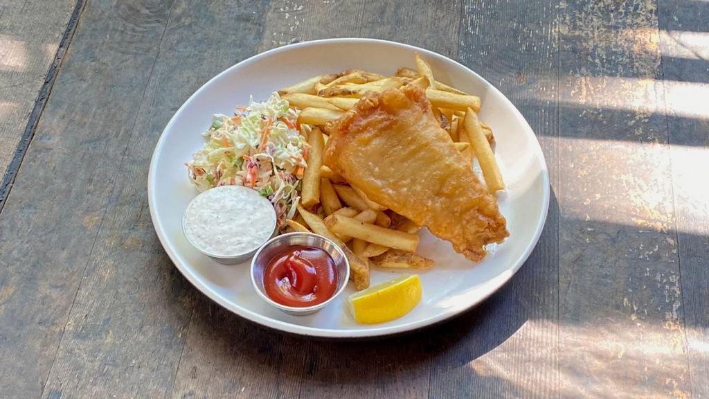 Fish & Chips (1 Piece) · Sustainably-sourced cod lightly dipped in beer-batter, house-made dill tartar sauce, fries & creamy lemon slaw