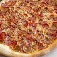 Meat Combo Pizza  · Pepperoni, Canadian Bacon, Sausage, Breakfast Bacon and Extra Cheese.