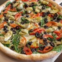 The Mediterranean Pizza · Olive Oil and Fresh Garlic base, Artichokes, Black Olives, Spinach, and Roma Tomato.