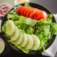 Salad · Crisp Romaine Hearts, fresh Roma tomatoes,  Cucumbers. with  dressing on the side