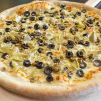 Greek Pizza · Olive Oil and Garlic base, Green Olives, Black olives, Artichokes, and Feta Cheese(topping)