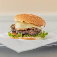 Mushroom Swiss Burger · Served with lettuce, tomato onion, mushroom, and swiss cheese.