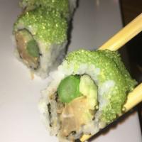 Wasabi Hamachi · Spicy yellowtail, green onion, cucumber, asparagus and wasabi flavor tobiko (flying fish roe...