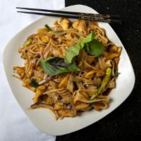 Drunken Noodles · Hot. Stir fried flat rice noodles with basil, chicken and vegetables.