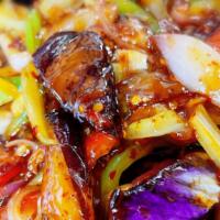 Yushan Eggplant Lunch · Asian long eggplants stir fried with bell peppers in hot garlic sauce.