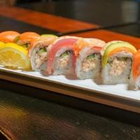 Rainbow Roll 8Pcs · Real Crab Mayo, Cucumber, Salmon, Tuna,
Boiled Shrimp, Avocado.