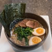 Tonkotsu Ramen · Ramen Noodle, Char Siu Pork, Boiled Egg, Wood Ear
 Green onion, Pork Bone Base Soup.