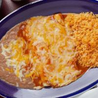 Enchilada · One enchilada served with rice and beans.