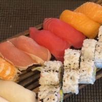 Sushi Deluxe · Ten pieces Chef's choice nigiri sushi, and California roll.