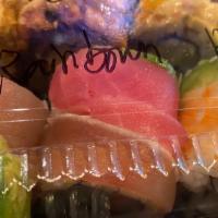 Rainbow Roll · Eight pieces: Assorted fresh raw fish & avocado over California roll.