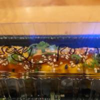 Miso Sexy Roll · Eight pieces: Tempura salmon, tempura asparagus, avocado inside, topped with real crab, miso...