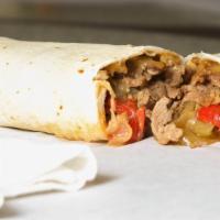 Cheese Steak Wrap · Thinly sliced beef, onions, peppers, and cheddar jack cheese.