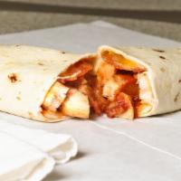 Bbq Chicken Wrap · Chicken breast, bacon, onion strings, BBQ sauce, and cheddar jack cheese.