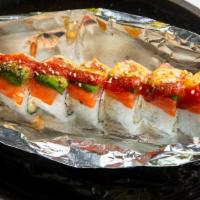Fire Bird · cream cheese, tempura shrimp, crab topped w/ smoked salmon, avocado, and special sauce (serv...
