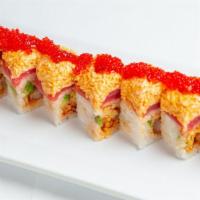Samurai · tempura shrimp, avocado, baby lobster tail topped w/ tuna, spicy crab, special spicy sauce a...