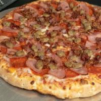 Massive Meat · Original pizza sauce w/ extra pepperoni, ham, sausage and bacon.