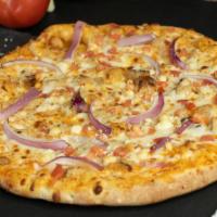Kicken Chicken · Spicy ranch, chicken, bacon, tomatoes, red onions, topped with mozzarella and feta cheese.