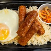 Sweet Sausage Breakfast (Longanisa) · Served with rice and eggs; choice of skin or skinless.