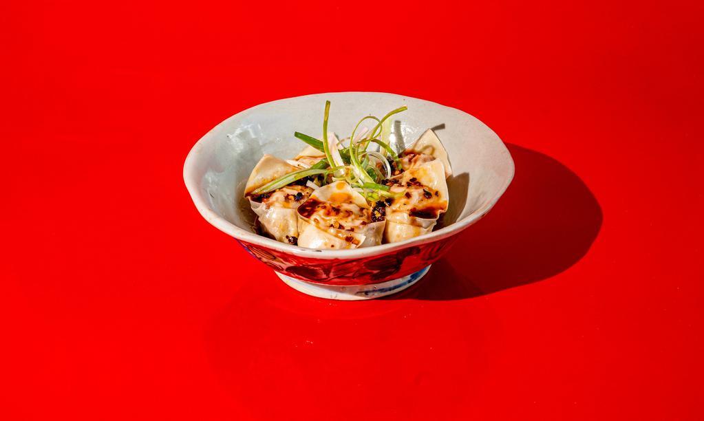 Wontons In Chili Sauce · Pork and Shrimp wontons (6) with house-made chili oil.