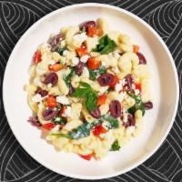 Fresh Mediterranean Mac · (VEG) Fresh diced tomatoes, olives, spinach cooked in a creamy cheese to give it a fresh fla...