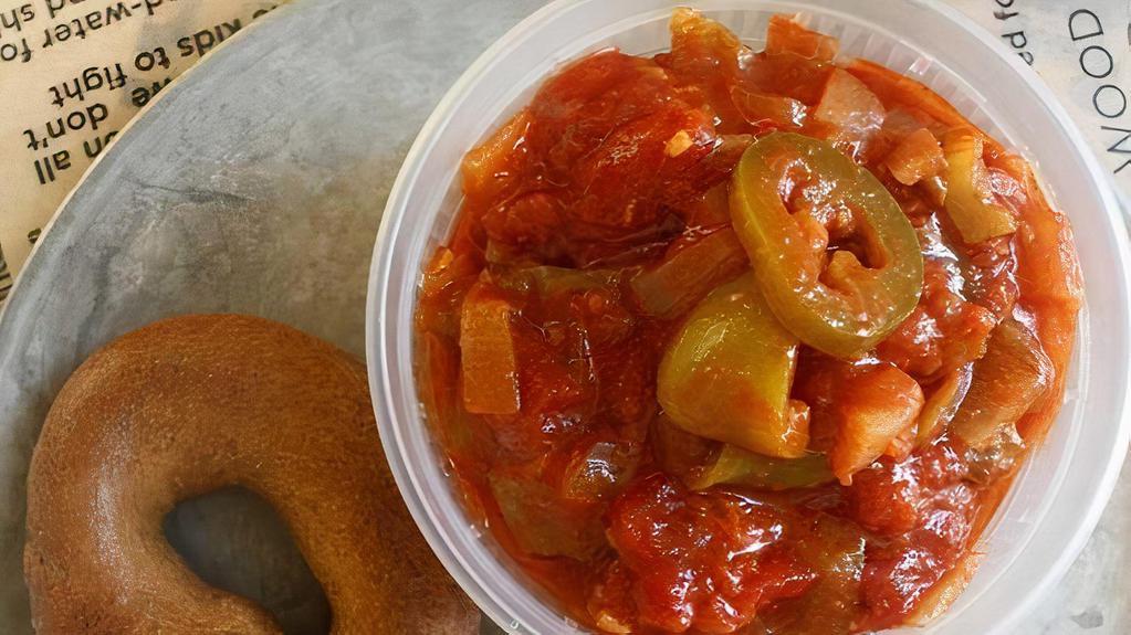 Shakshuka Stew Base - Delivery · Tub of Shakshuka Stew Base.  Shakshuka is a common dish in Israel and Turkey.  Our stew base is made of tomatoes, peppers, onions and spices.  <br /><br />Delivery orders are a part of 