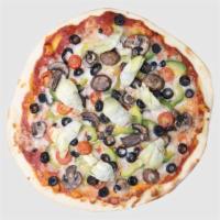 Veggie · Cherry tomatoes, artichoke, bell pepper, olives, and mushrooms topped on our signature chees...