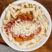 Chicken Parm Pasta · Crispy chicken tossed in our classic marinara with mozzarella cheese on a bed of penne alfre...