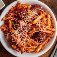 Penne Meats Balls · Slow cooked Italian meatballs simmered in marinara with penne pasta.   Served with a pretzel...