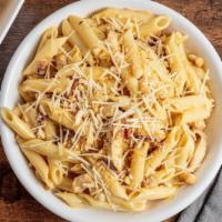 Chicken Baked Mac · Grilled chicken, bacon crumbles and creamy cheese sauce tossed in penne pasta finished with ...