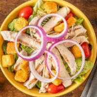 Chicken Caesar Salad · Romaine, grilled chicken, red onions, grape tomatoes, parmesan cheese, croutons. Try is with...