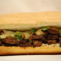 Philly Cheese-Steak · Juicy steak, sautéed onions or green peppers, and mozzarella cheese.