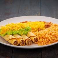 Four Rolled Tacos With Guacamole · Four beef rolled tacos with guacamole and cheese. Served with rice and beans.