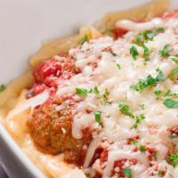 Family Meatball Mac & Cheese · Italian meatballs, Jack cheese, Cheddar cheese, Mozzarella, Romano cheese, Parmesan cheese, ...