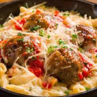 Meatball Mac & Cheese · Italian meatballs, a blend of Jack, Cheddar, Romano, Parmesan and Mozzarella cheese, cream s...