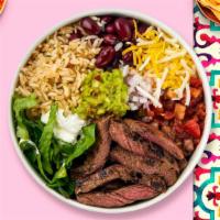 Carne Asada Bowl (Steak) · Marinated  steak served with rice, beans, and your choice of toppings.