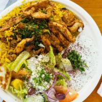 Chicken Gyro Platter · Grilled chicken breast, pita, tzatziki sauce, rice and greek salad.