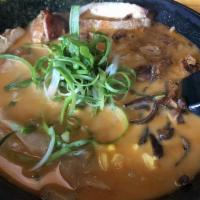 Red Miso Ramen · Your choice of meat, Kikurage mushroom, Green onion, spicy miso with 18-hour Tonkotsu broth ...