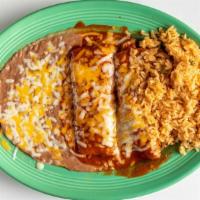 Enchiladas Rancheras - Beef · One enchilada topped with red Spanish sauce, and one enchilada topped with a green tomatillo...