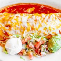 Expresso Burrito - Chicken · Flour tortilla filled with chicken, Spanish rice and beans, then topped with a mild red sauc...