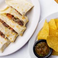 Grilled Steak Quesadilla · Grilled steak , melted jack cheese  and pico de gallo.  Served with a handful of chips and a...