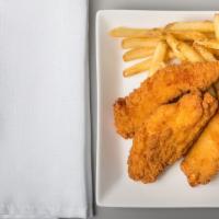 Chicken Strips With Large Fries · 3 pieces of chicken tender comes with sauce of your choice.